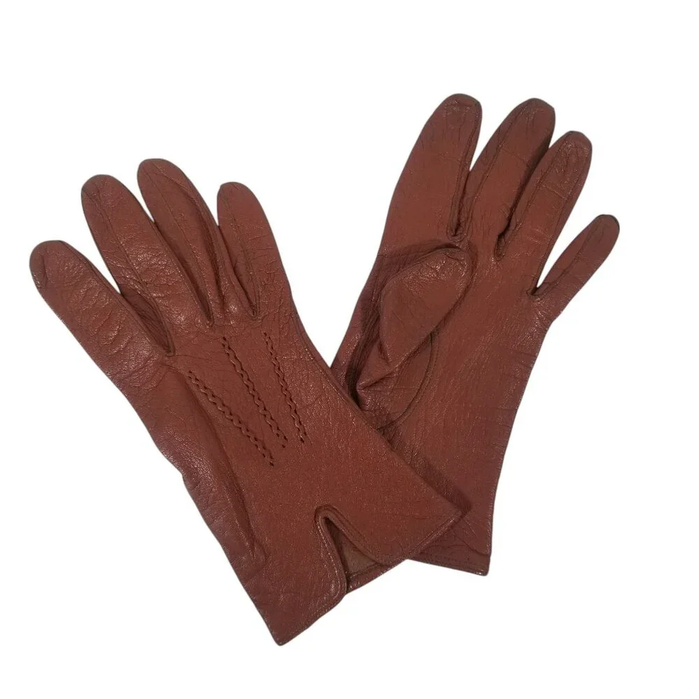 Vintage Leather Driving Gloves Soft Amber Kid Wrist Length Size 7